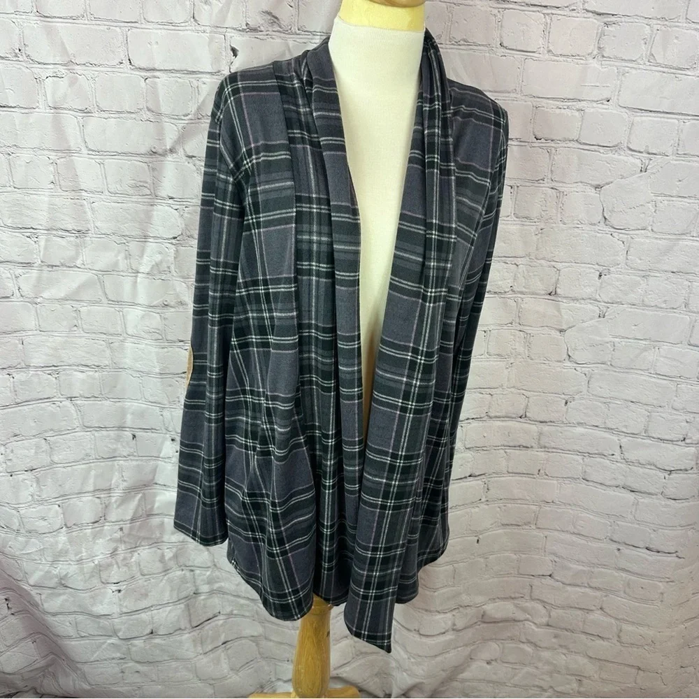 boutique light weight knit cardigan drape neckline open front elbow patch sz 1X